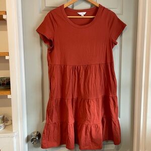 Time & Tru Women's Small Rust Tiered T-Shirt Knit Short Sleeve Knee Length Dress